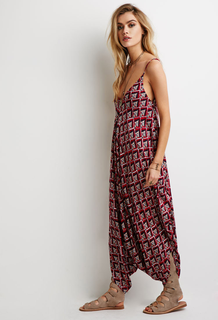 Lyst - Forever 21 Ornate Print Harem Jumpsuit in Red