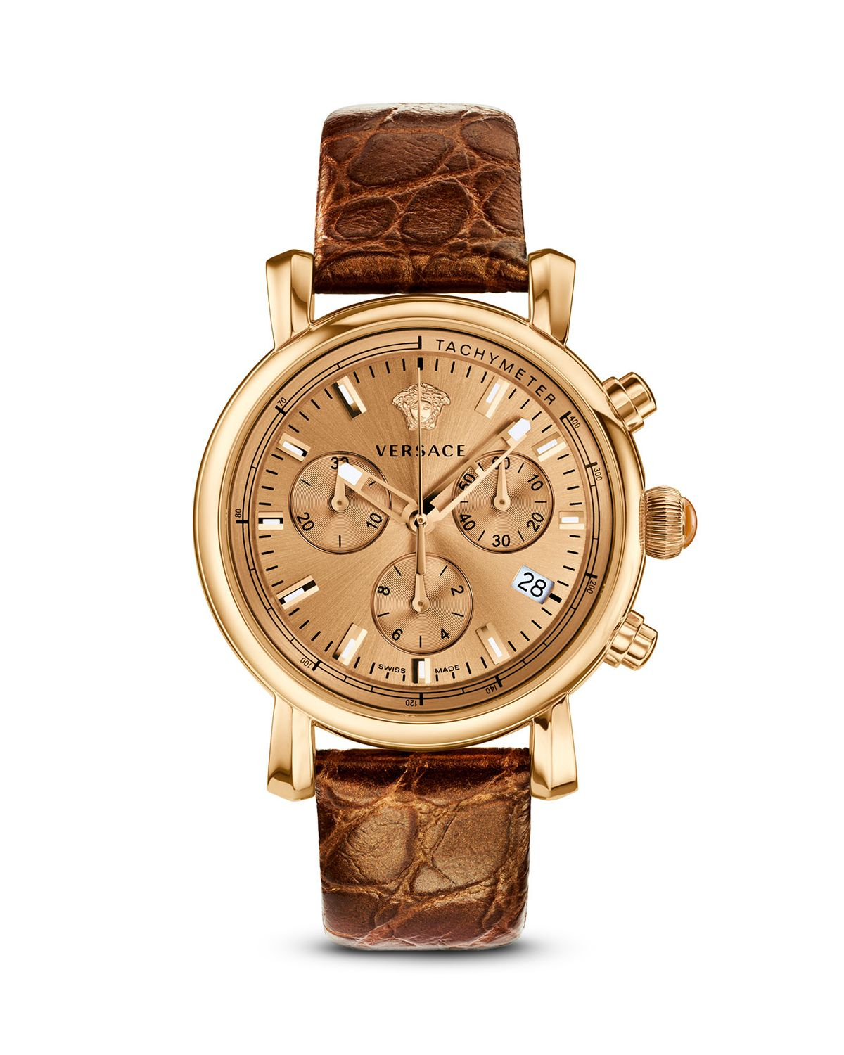 Versace Glam Ionplated Rose Gold Watch With Golden Leather Band, 38mm