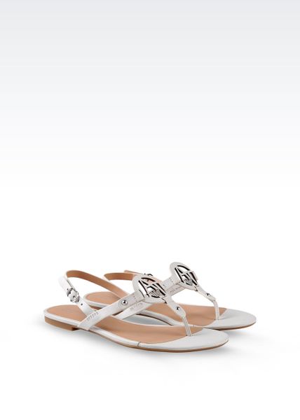 Armani jeans Toe Post Sandal In Leather With Logo in Gray (Light grey)