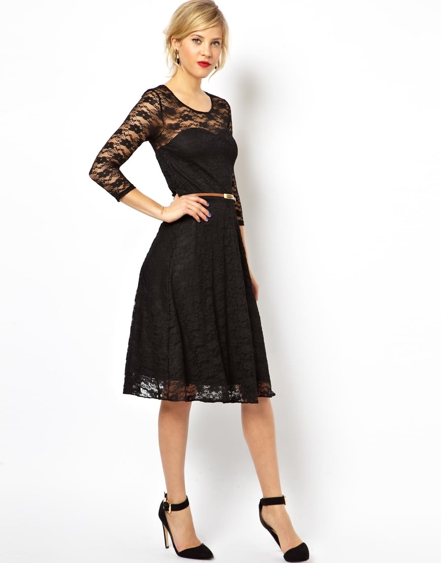 Lyst Asos Midi Skater Dress In Lace With 3 4 Sleeves And Belt In Black