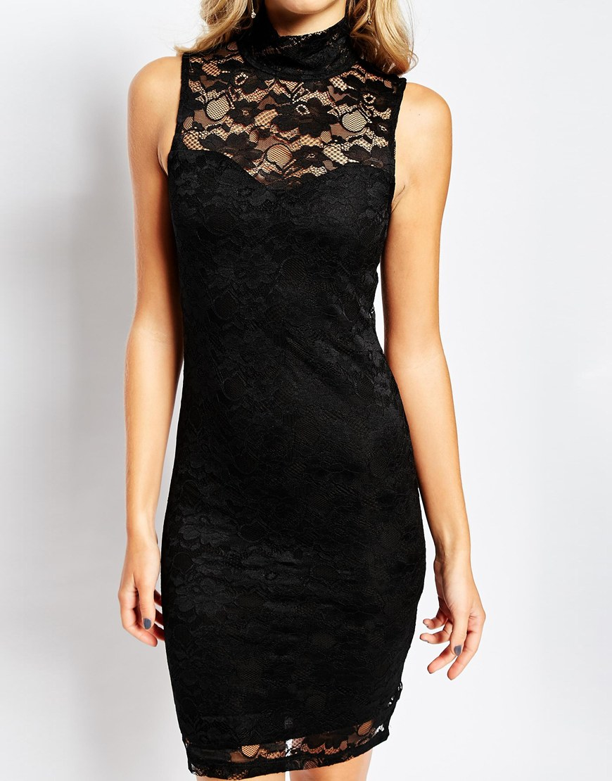 Vero moda High Neck Lace Mini Dress in Black | Lyst