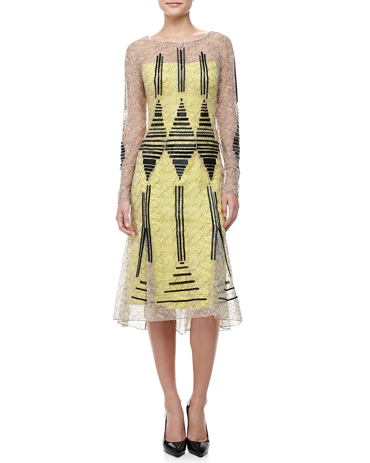 Carolina Herrera Longsleeve Cocktail Dress in Yellow (GREIGE/BLACK) | Lyst