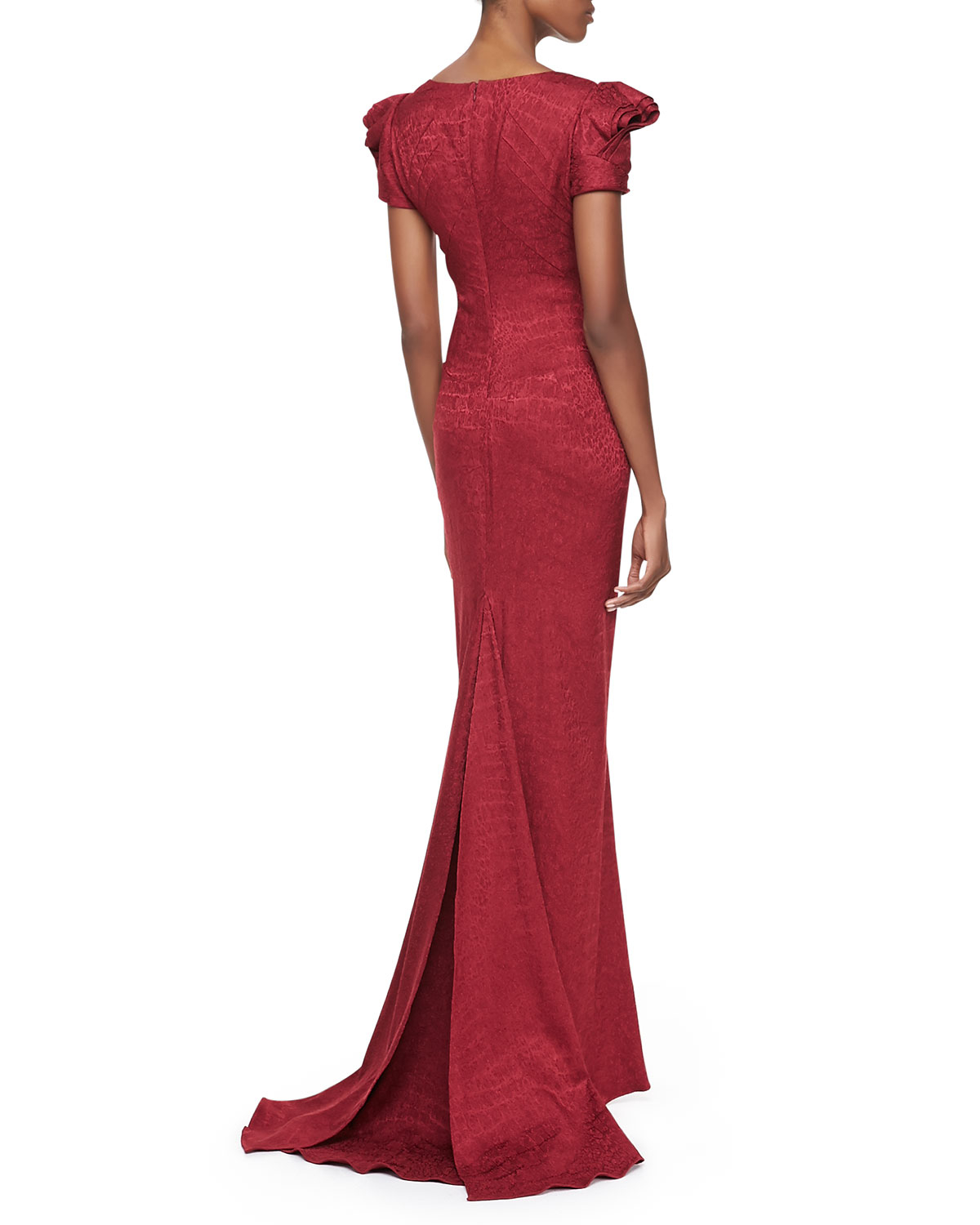 Zac Posen Short Sleeve Scoop Neck Gown Burgundy Reptile in Red - Lyst