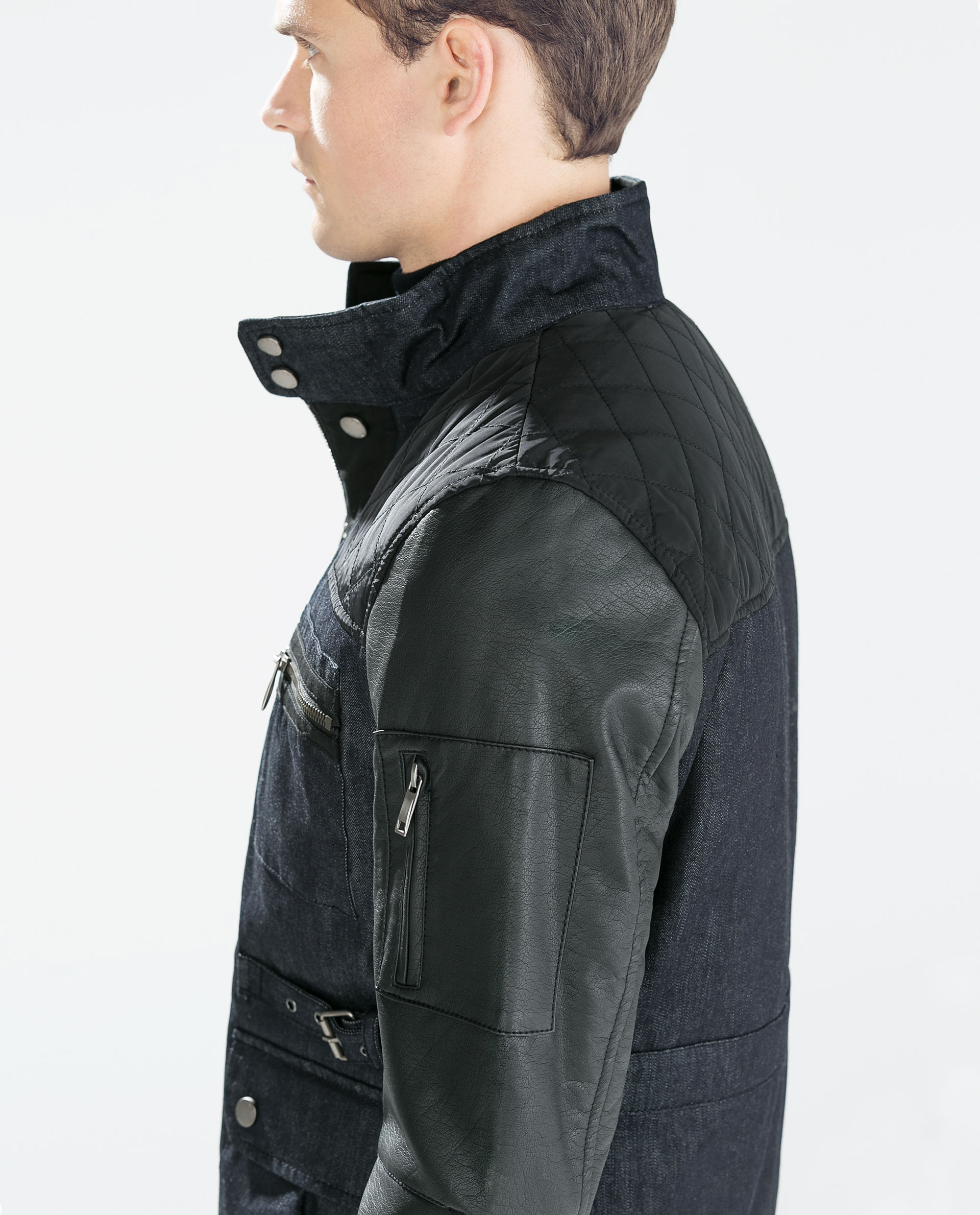 Zara Padded Denim Jacket With Faux Leather Contrast In Blue For Gallery