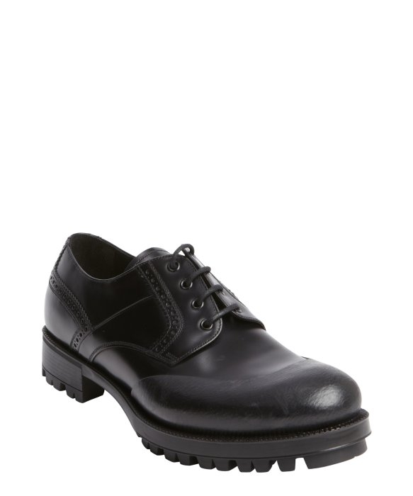 Lyst - Prada Black Leather Tooled Lace Up Lug Sole Oxfords in Black for Men
