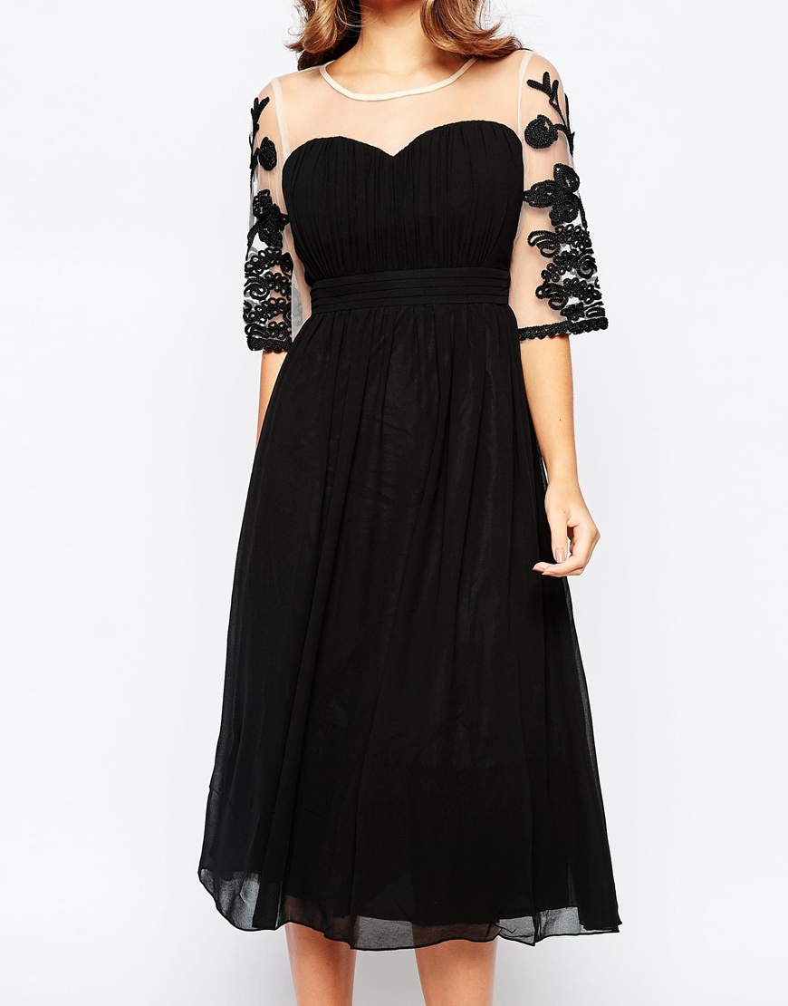 Lyst - Little Mistress Midi Skater Dress With Embroidered Mesh Sleeves in Black
