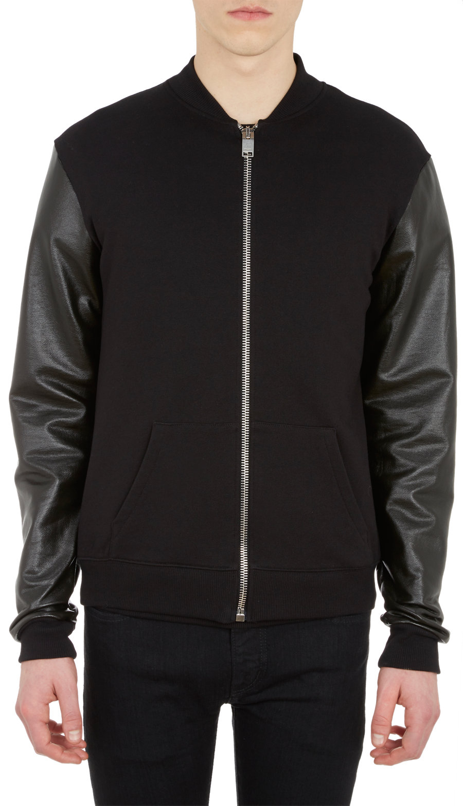 Saint Laurent Fleece & Leather Bomber Jacket in Black for Men | Lyst