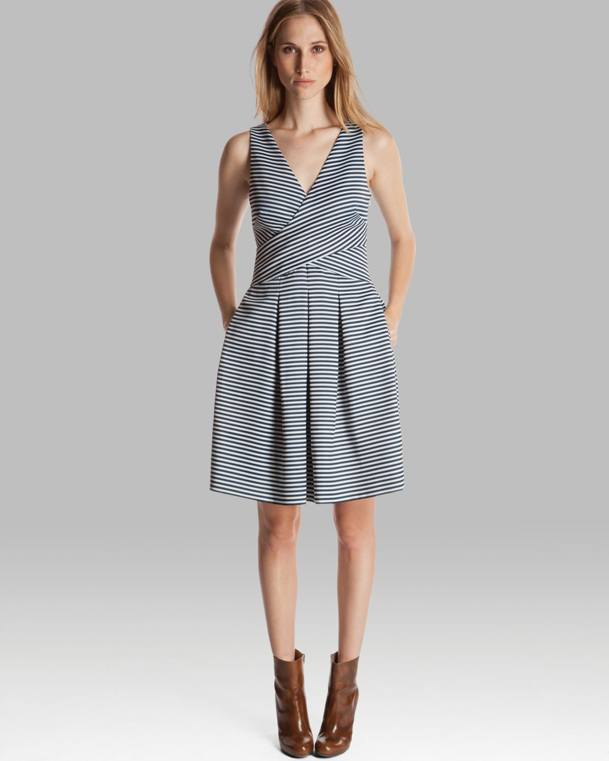 Halston Heritage Dress Sleeveless Striped with Bell Skirt in Blue (Navy ...