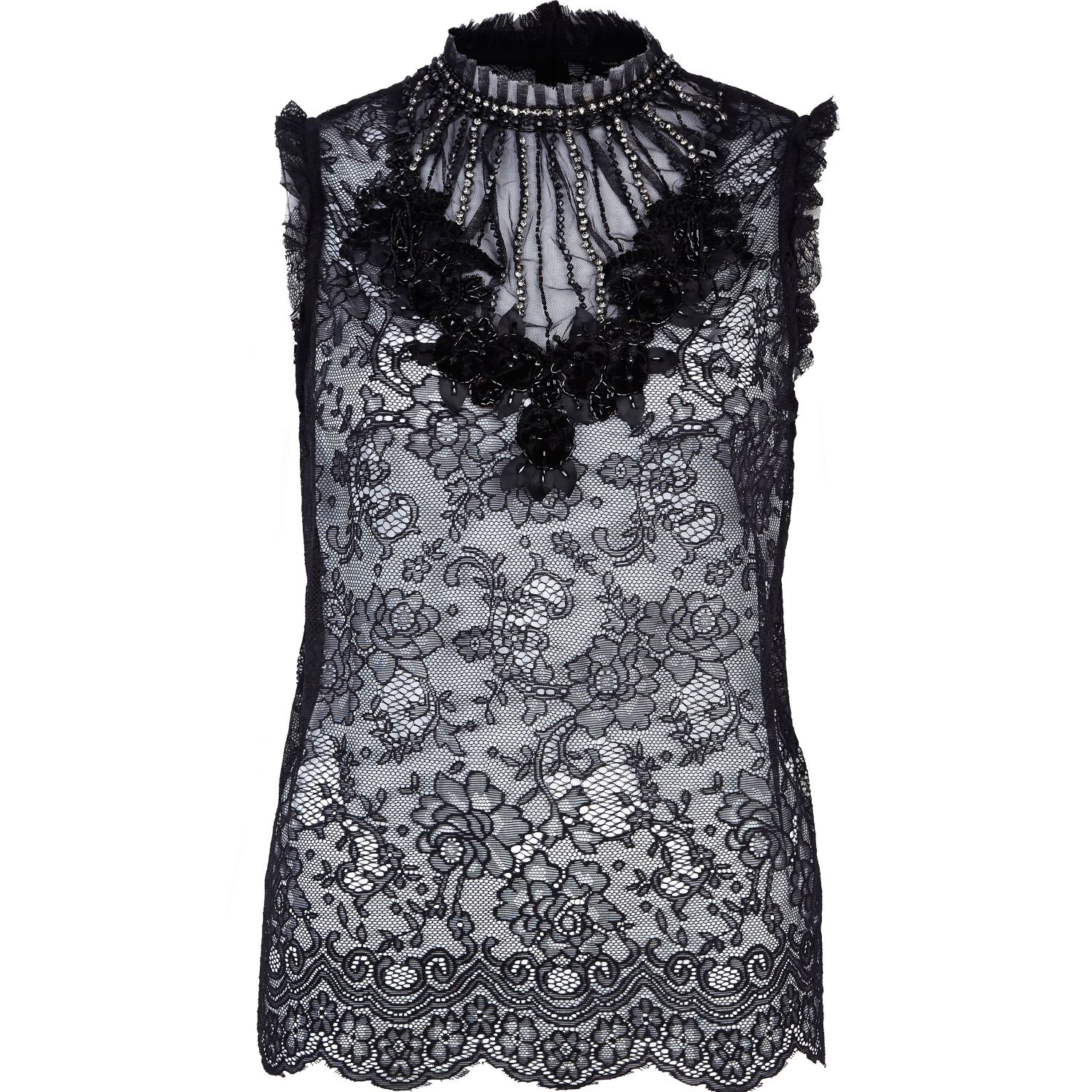 River Island Black Lace Embellished High Neck Tank Top in Black | Lyst