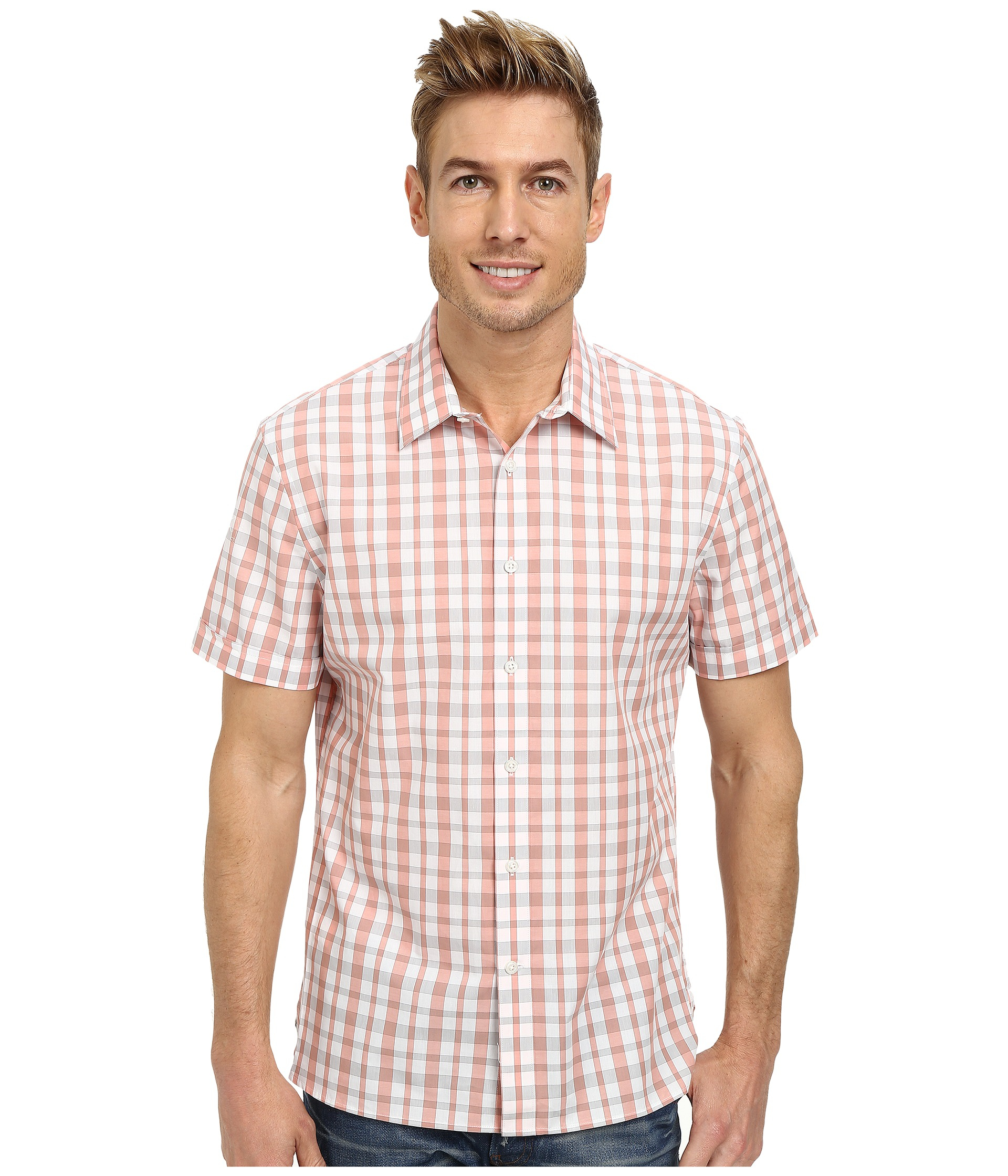 Lyst - Perry Ellis Short Sleeve Plaid Pattern Shirt in Pink for Men