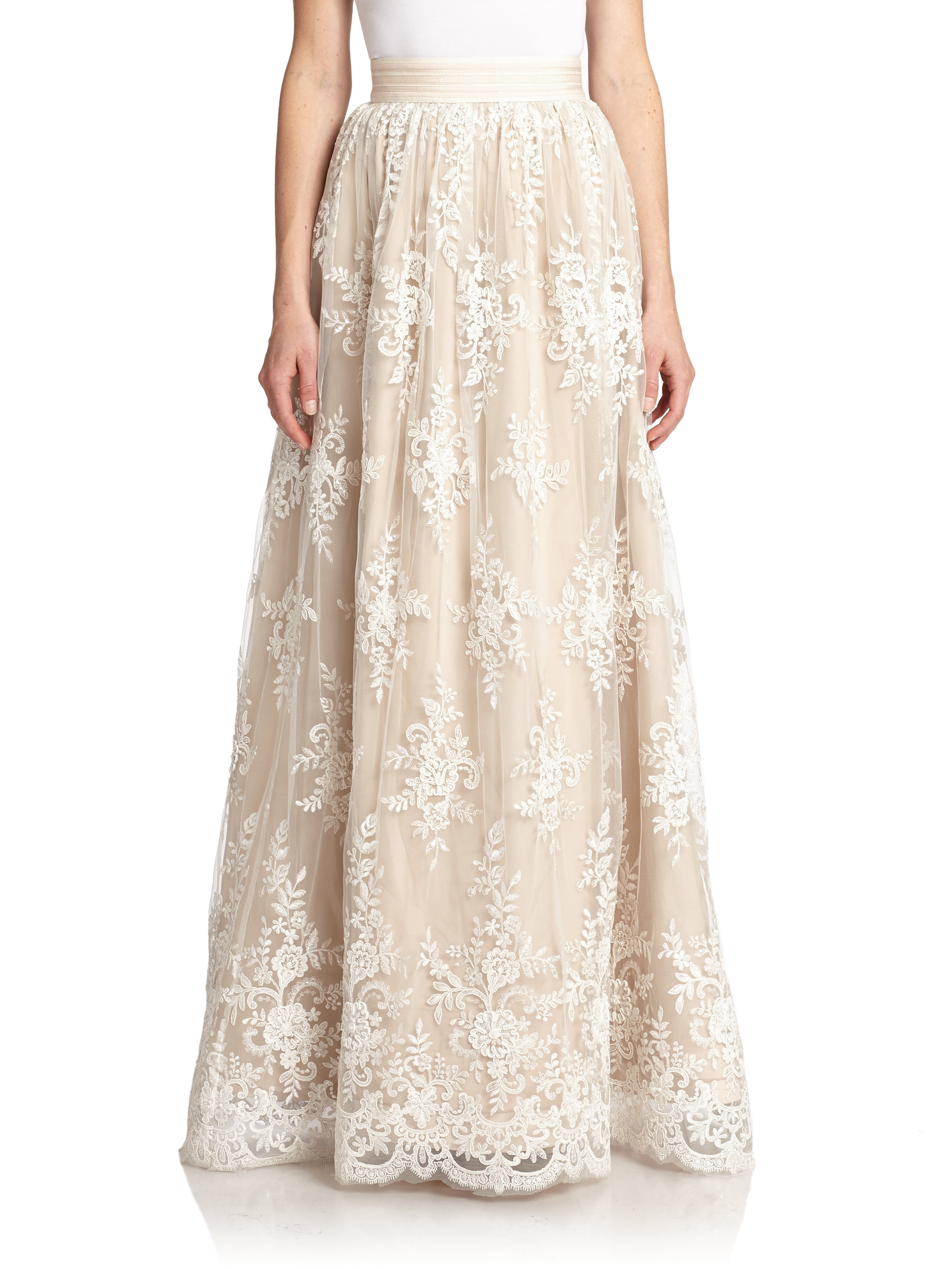 Alice + Olivia Carter Lace-overlay Maxi Skirt in White Nude (White) - Lyst