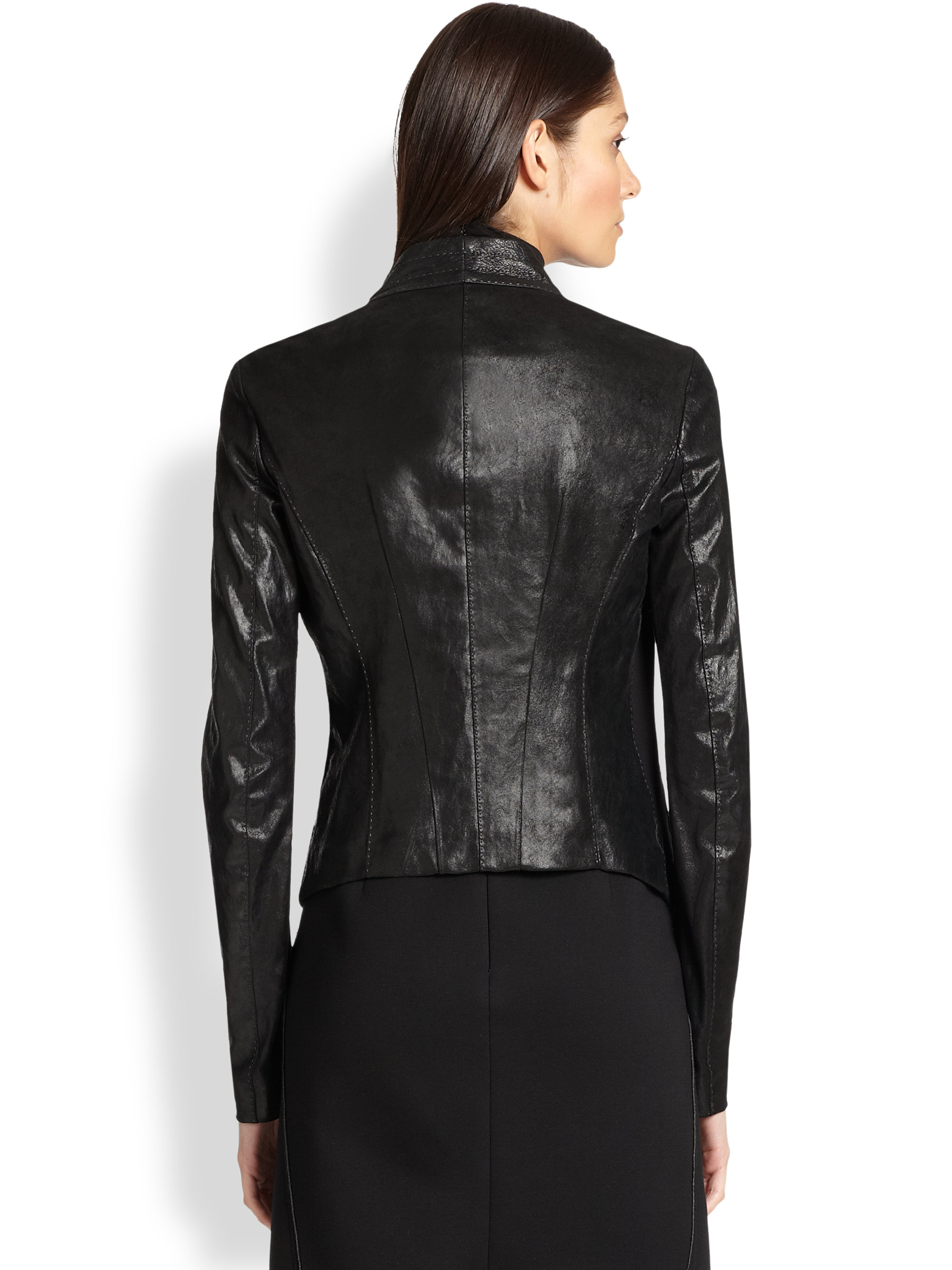 Donna karan Jersey-Insert Leather Jacket in Black | Lyst