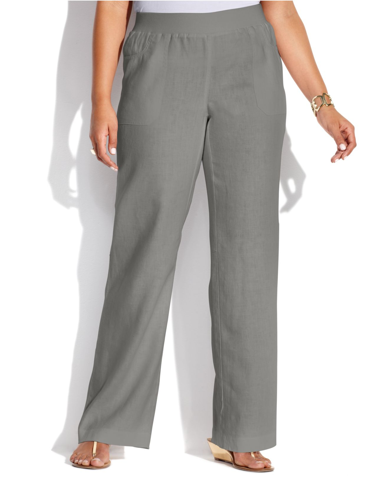 Inc international concepts Plus Size Wide Leg Linen Pants in Gray Lyst