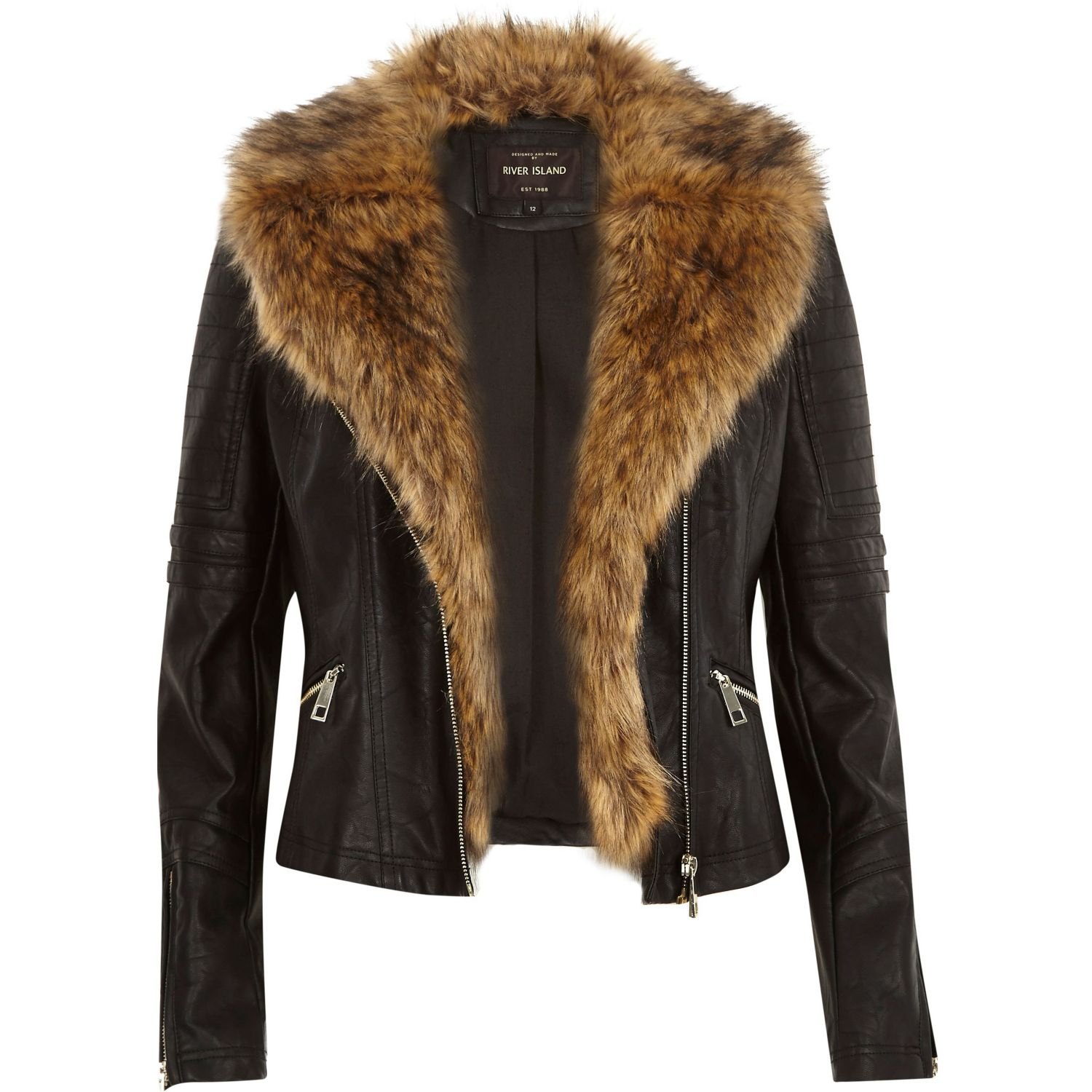 River Island Black Leather Look Faux Fur Biker Jacket In Lyst Gallery Women S Tweed Jackets Fringed Leather