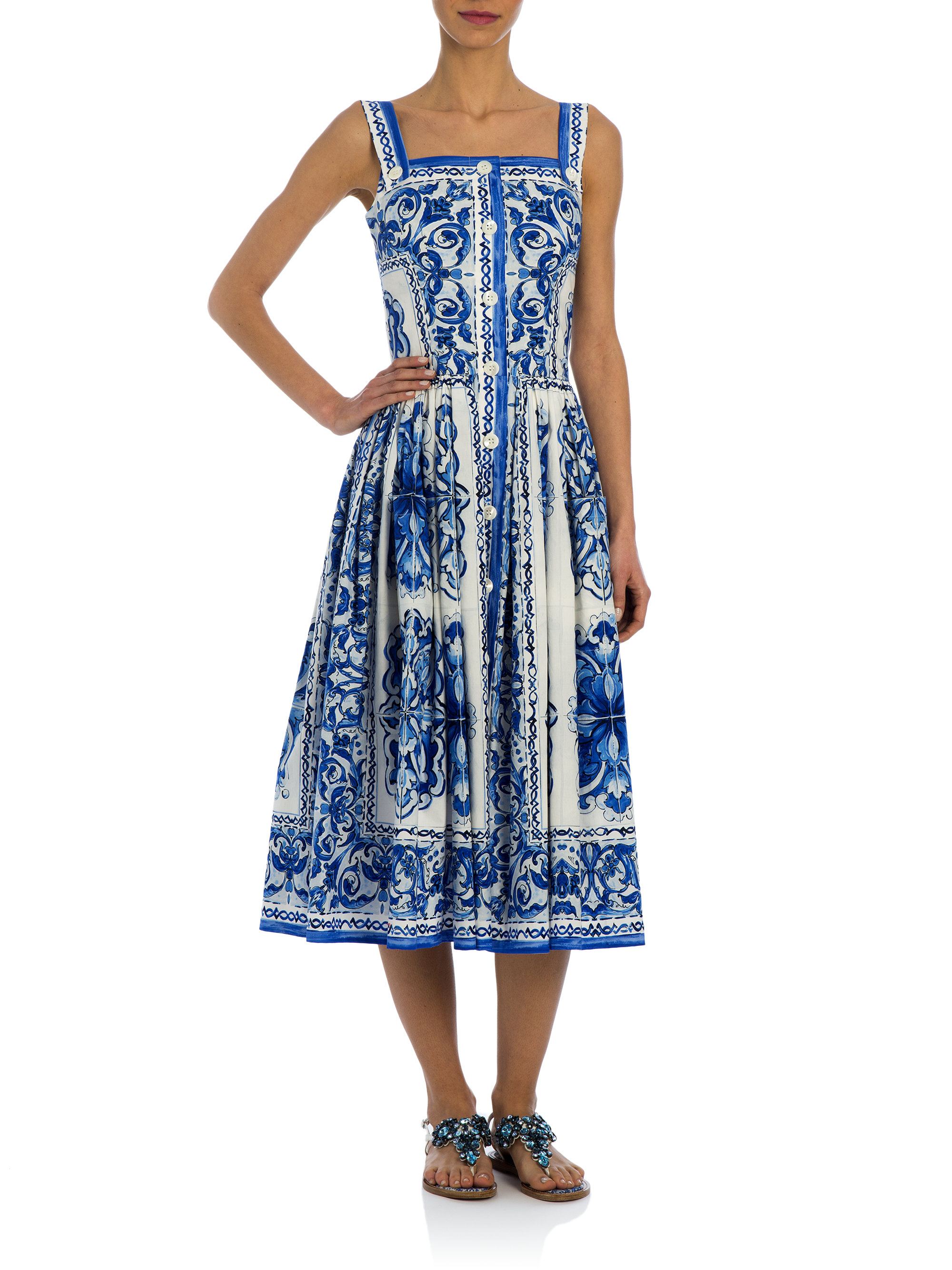 Lyst - Dolce & Gabbana Tile-print Poplin Apron Dress in Blue