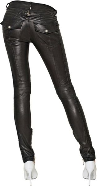 Balmain Leather Stretch Biker Trousers in Black | Lyst