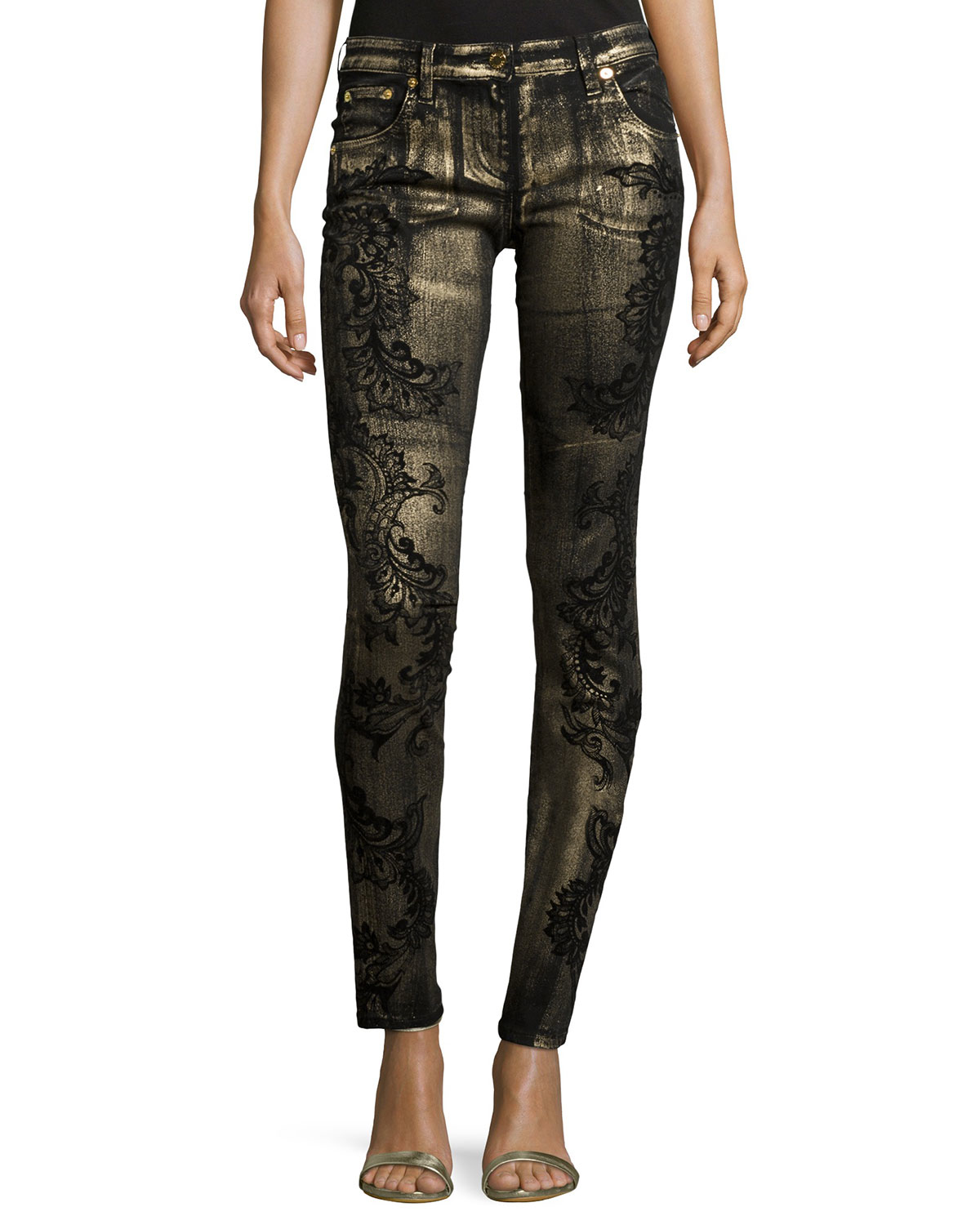 Roberto cavalli Skinny-leg Metallic Printed Jeans in Metallic | Lyst