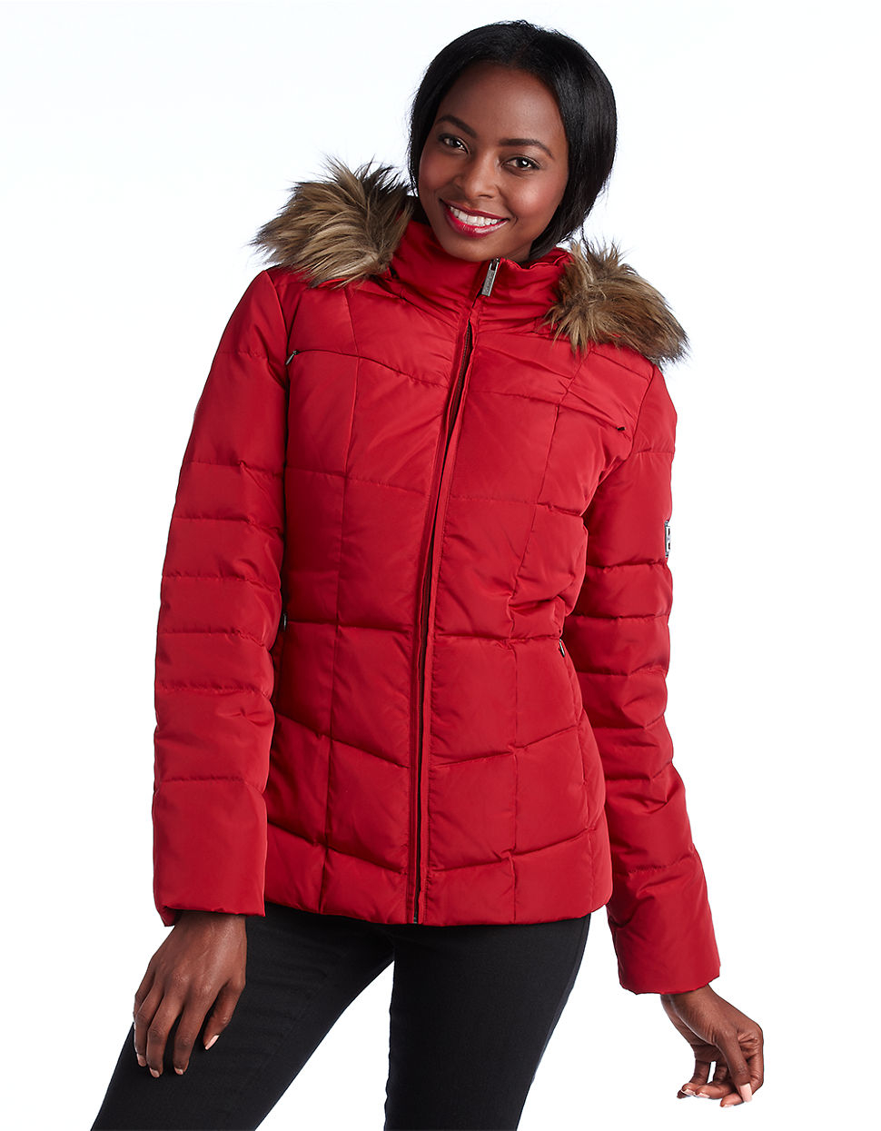 Calvin klein Petite Hooded Puffer Jacket with Faux Fur Trim in Red | Lyst
