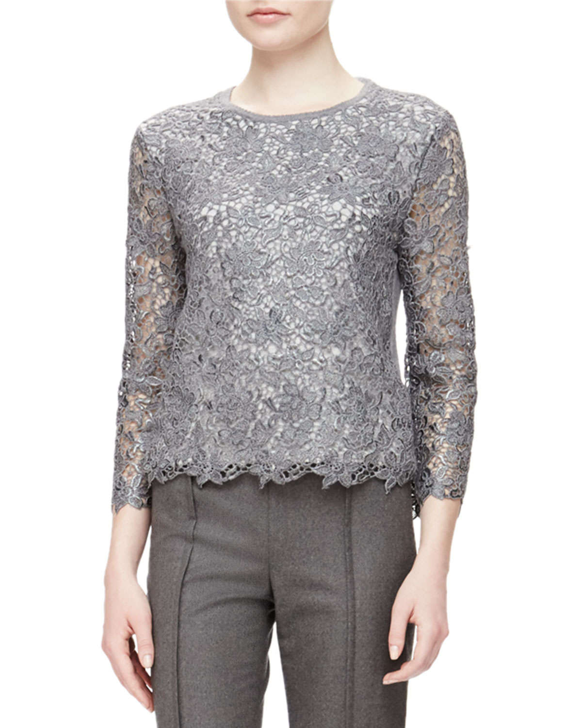 Carolina herrera Bracelet-sleeve Scalloped Lace Top in Gray | Lyst