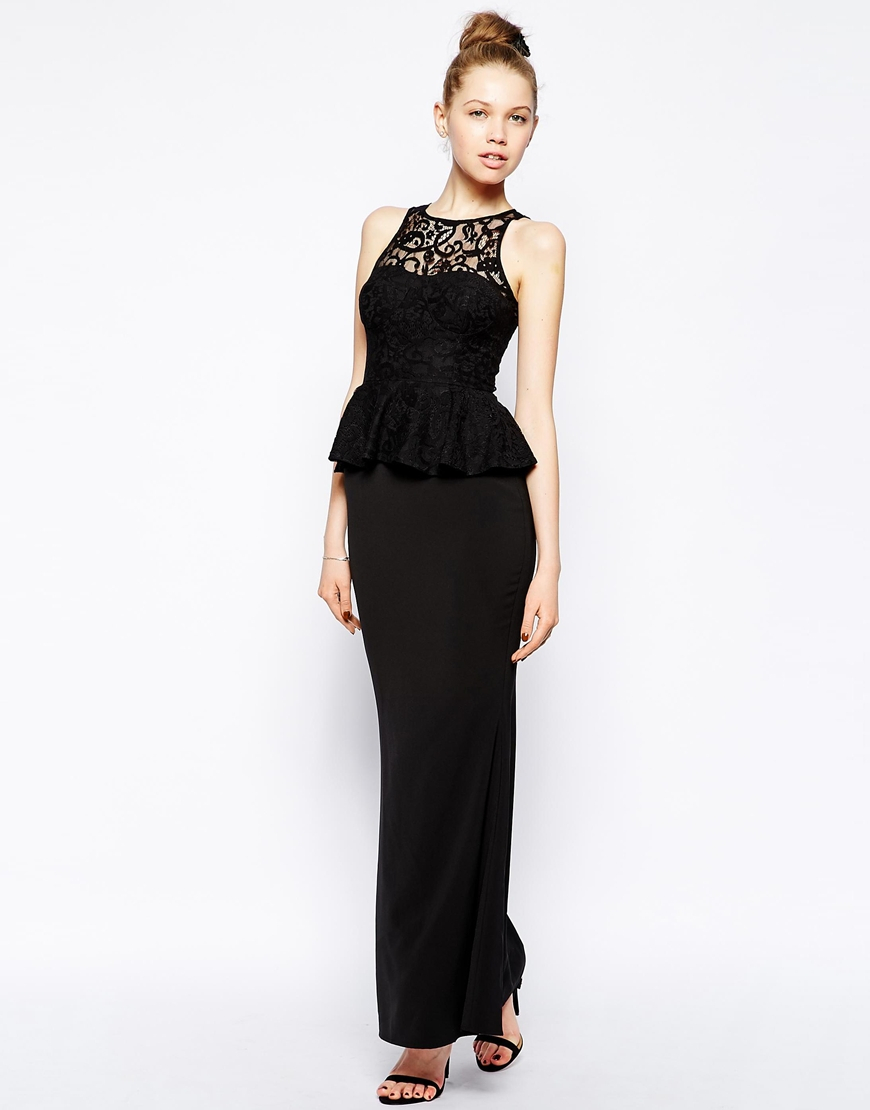 Jarlo Pia Fluid Lace & Button Peplum Skirt Maxi Gown Party Dress Black ...