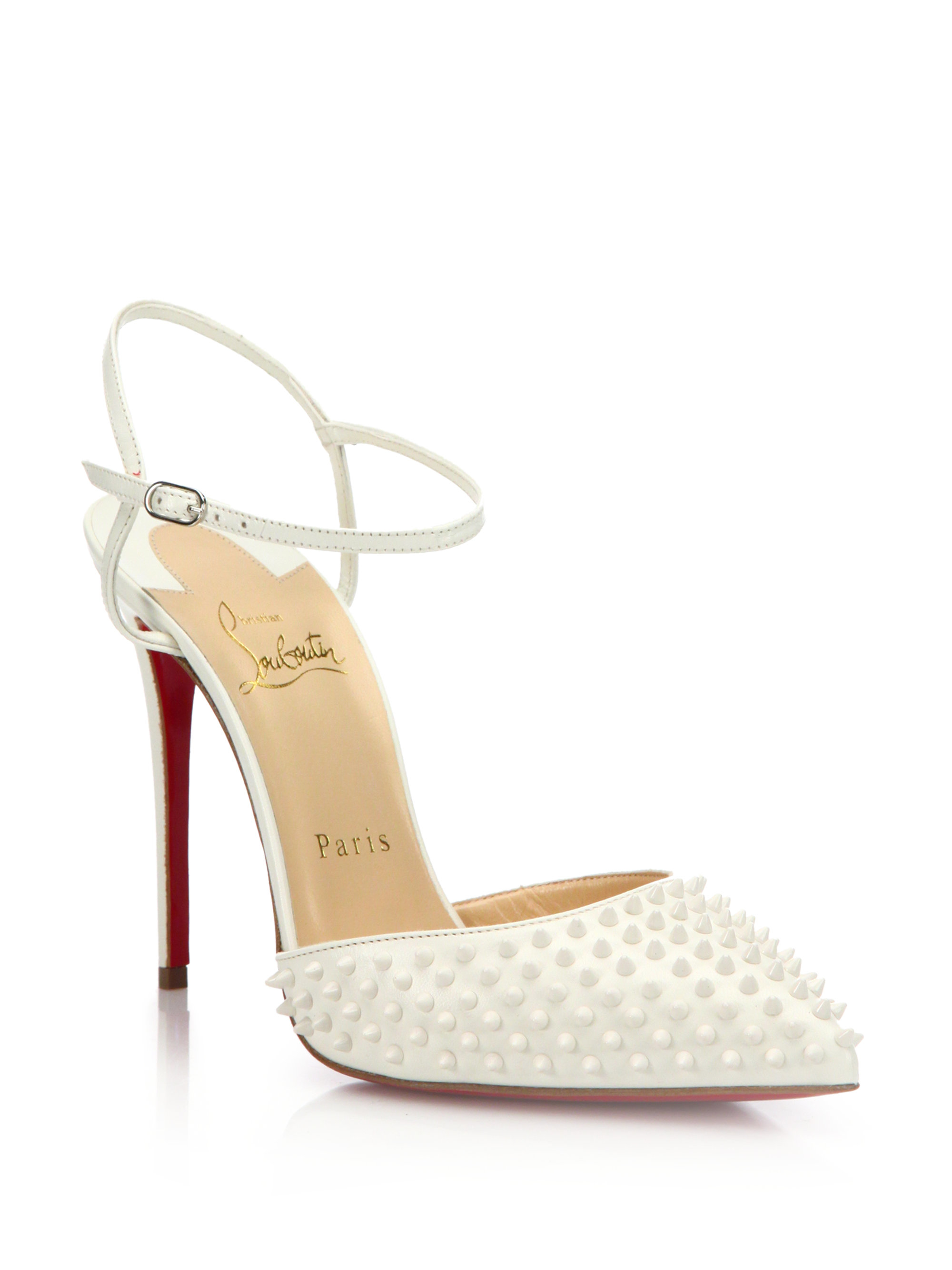 Christian louboutin Spiked Patent Leather Slingback Pumps in White ...