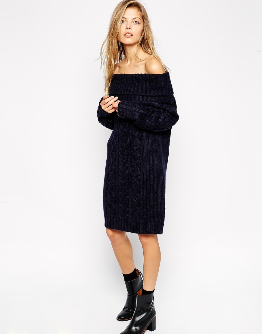 Lyst - Asos Cable Knit Dress With Off Shoulder in Black