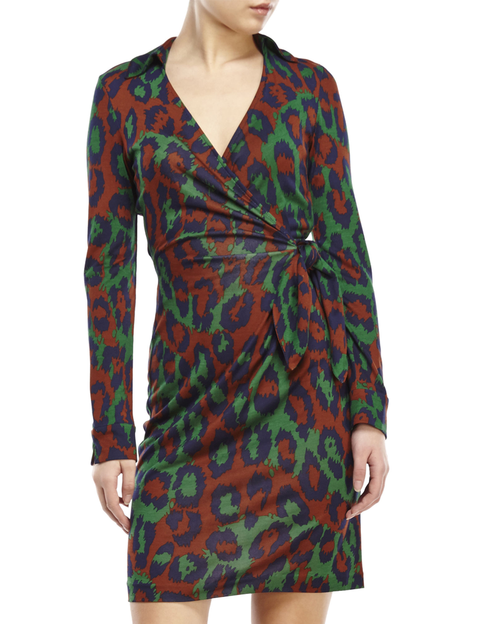 Lyst Diane Von Furstenberg Leopard Print Knit Silk Wrap Dress In Green