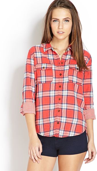 Forever 21 On The Range Plaid Shirt in Blue (CORAL/NAVY) | Lyst