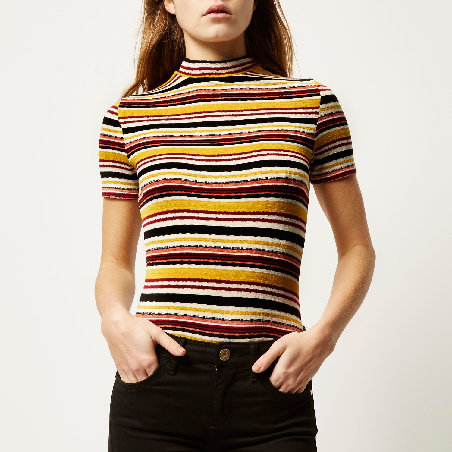 Lyst - River Island Yellow Retro Stripe Turtle Neck Top in Yellow