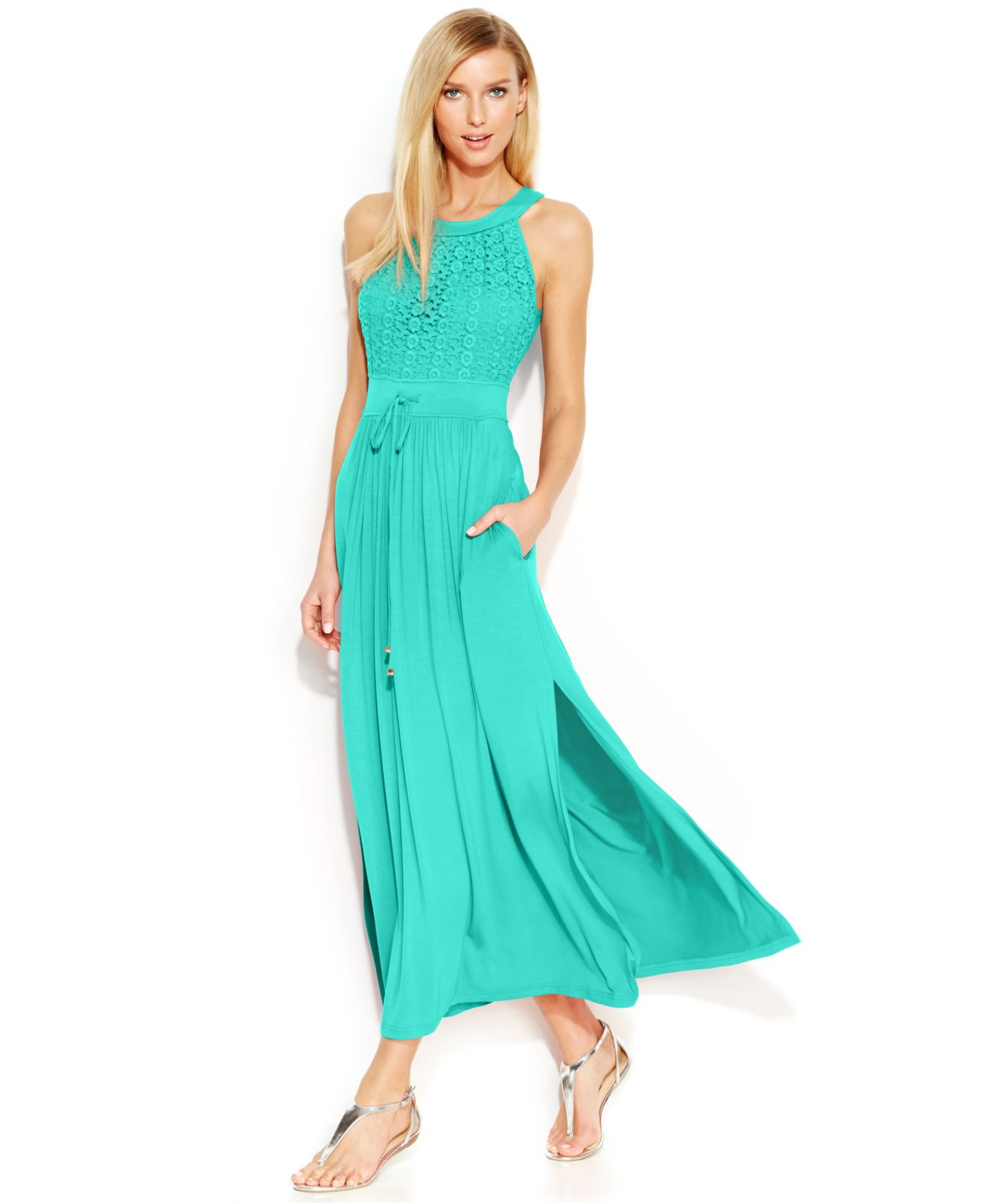 Calvin klein Petite Floral-Lace Side-Slit Maxi Dress in Blue - Lyst