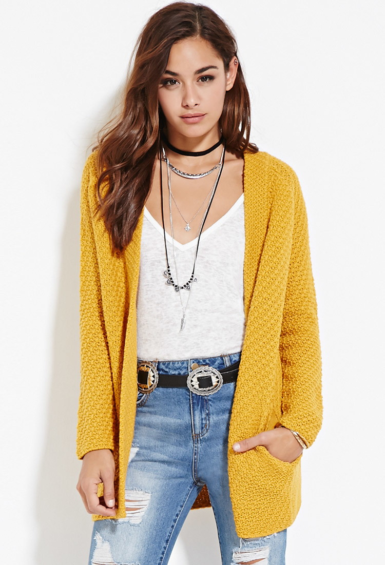 Forever 21 Longline Open-front Cardigan in Yellow | Lyst