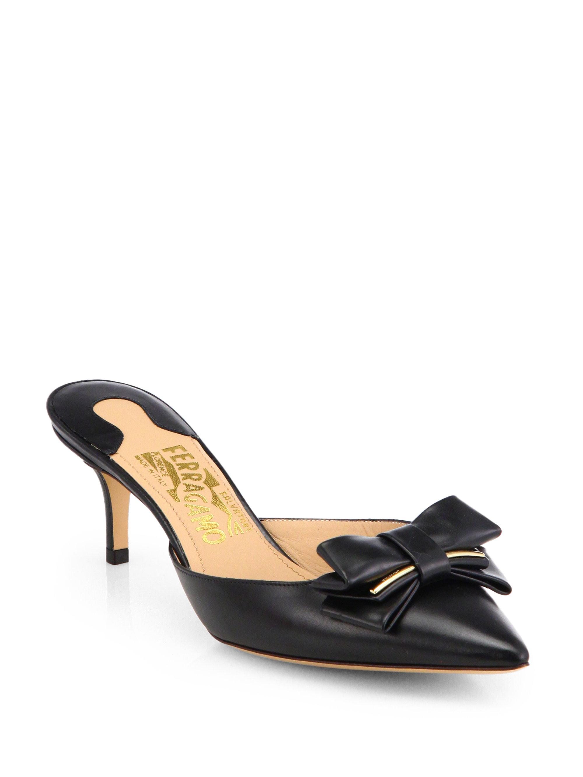 Lyst - Ferragamo Primrose Leather Bow Mules in Black