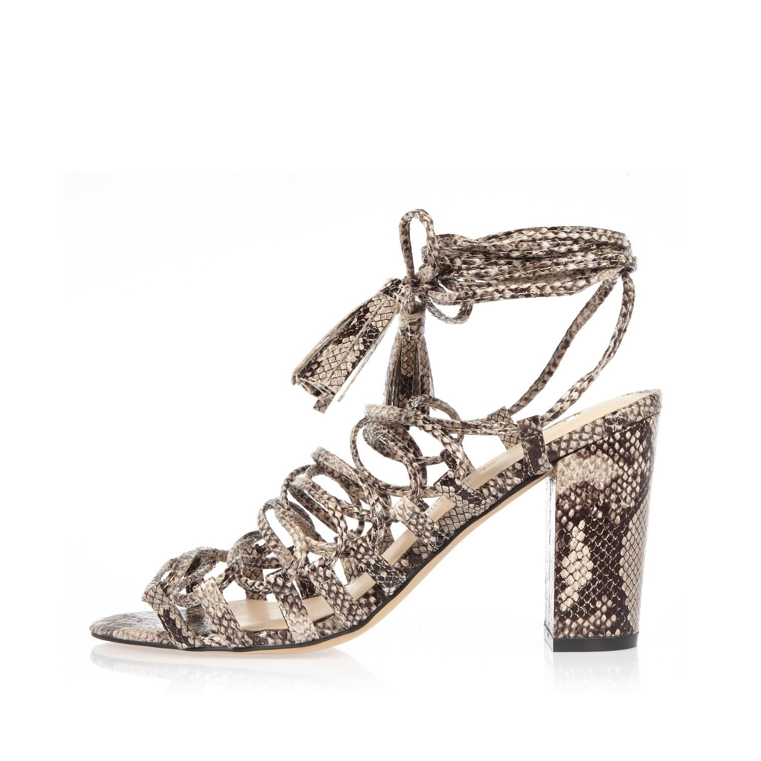 River Island Grey Snake Print Lace-up Block Heel Sandals in Cream ...