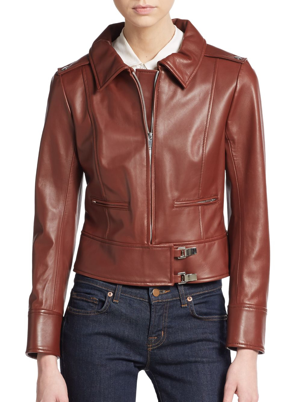 Courreges Cropped Leather Moto Jacket In Brown Lyst Gallery Previously Sold At Saks Off 5th Women S Cropped Leather Jackets