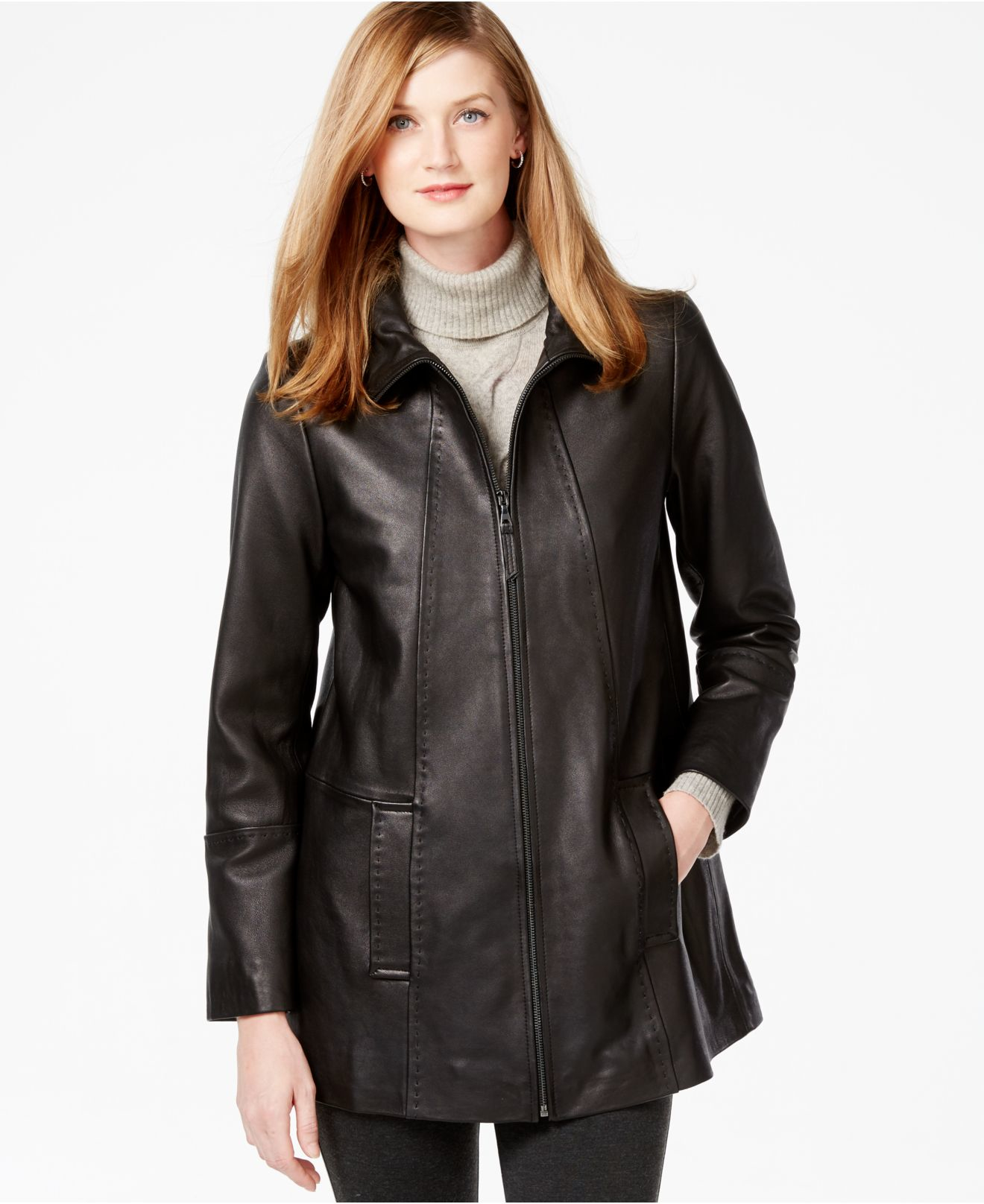 Lyst - Jones New York Topstitched Leather Coat in Black