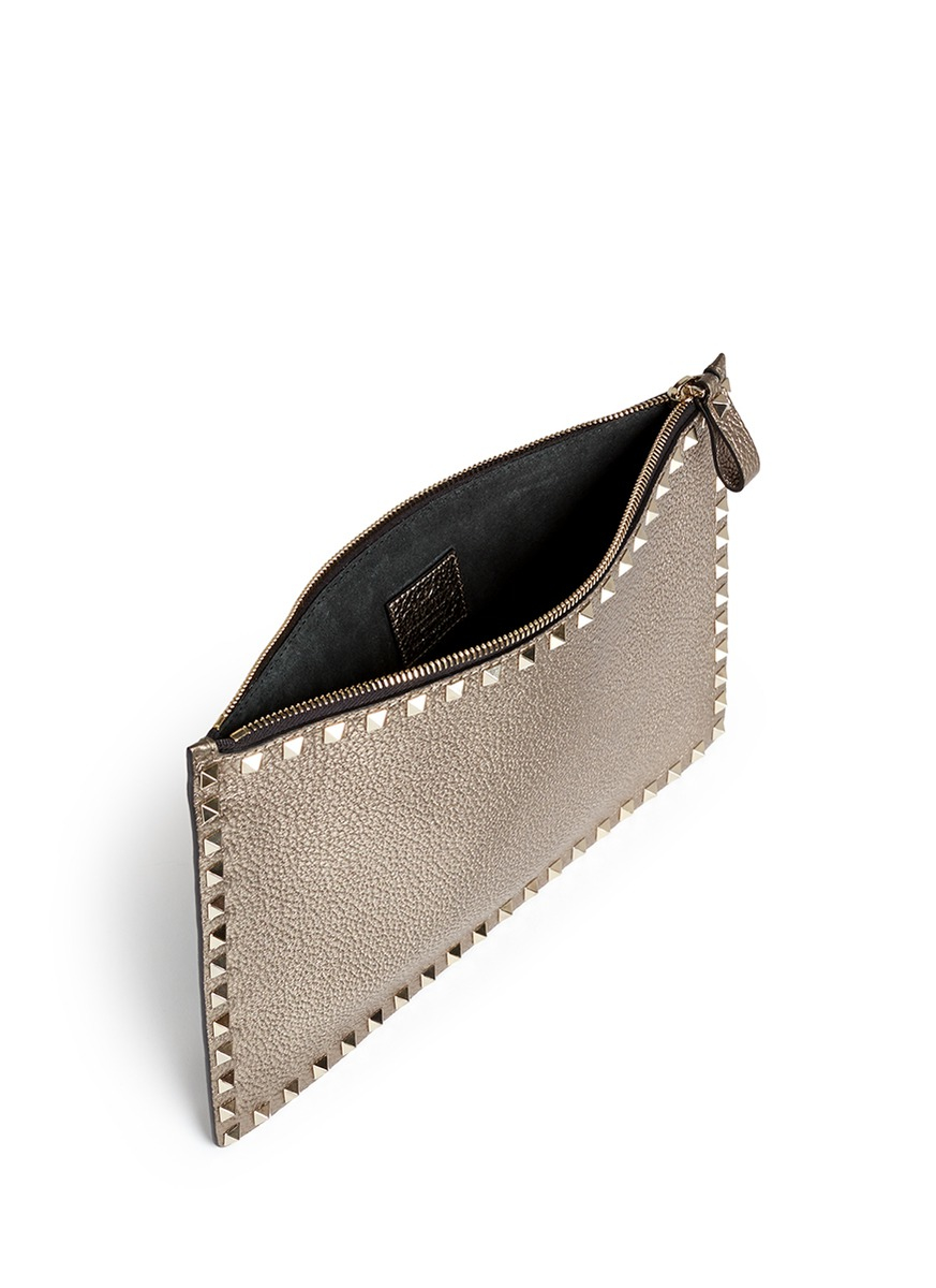 Valentino 'rockstud' Large Metallic Leather Flat Zip Pouch in Metallic ...