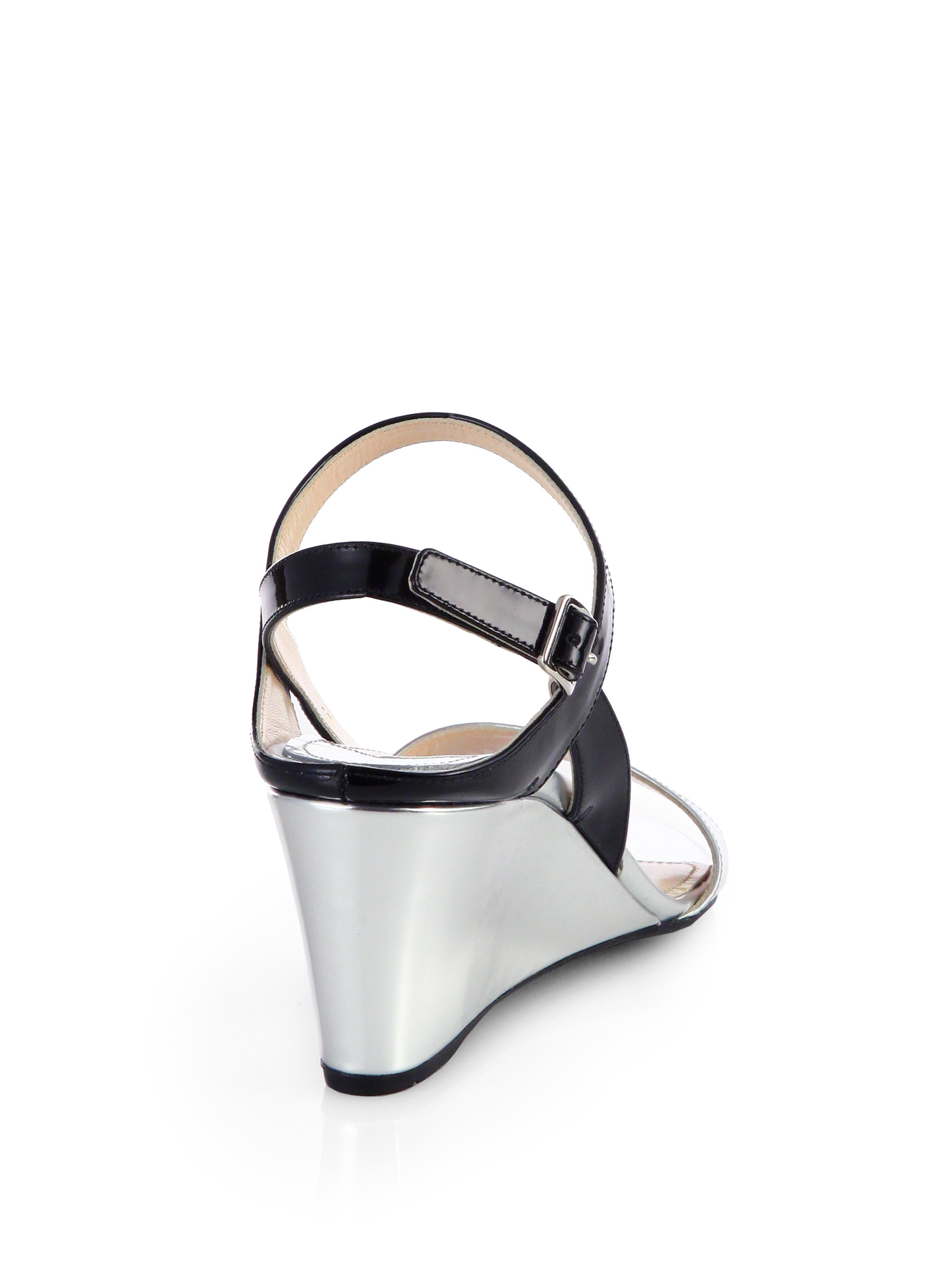 Prada Metallic Patent Leather Slingback Wedge Sandals in Silver ...  