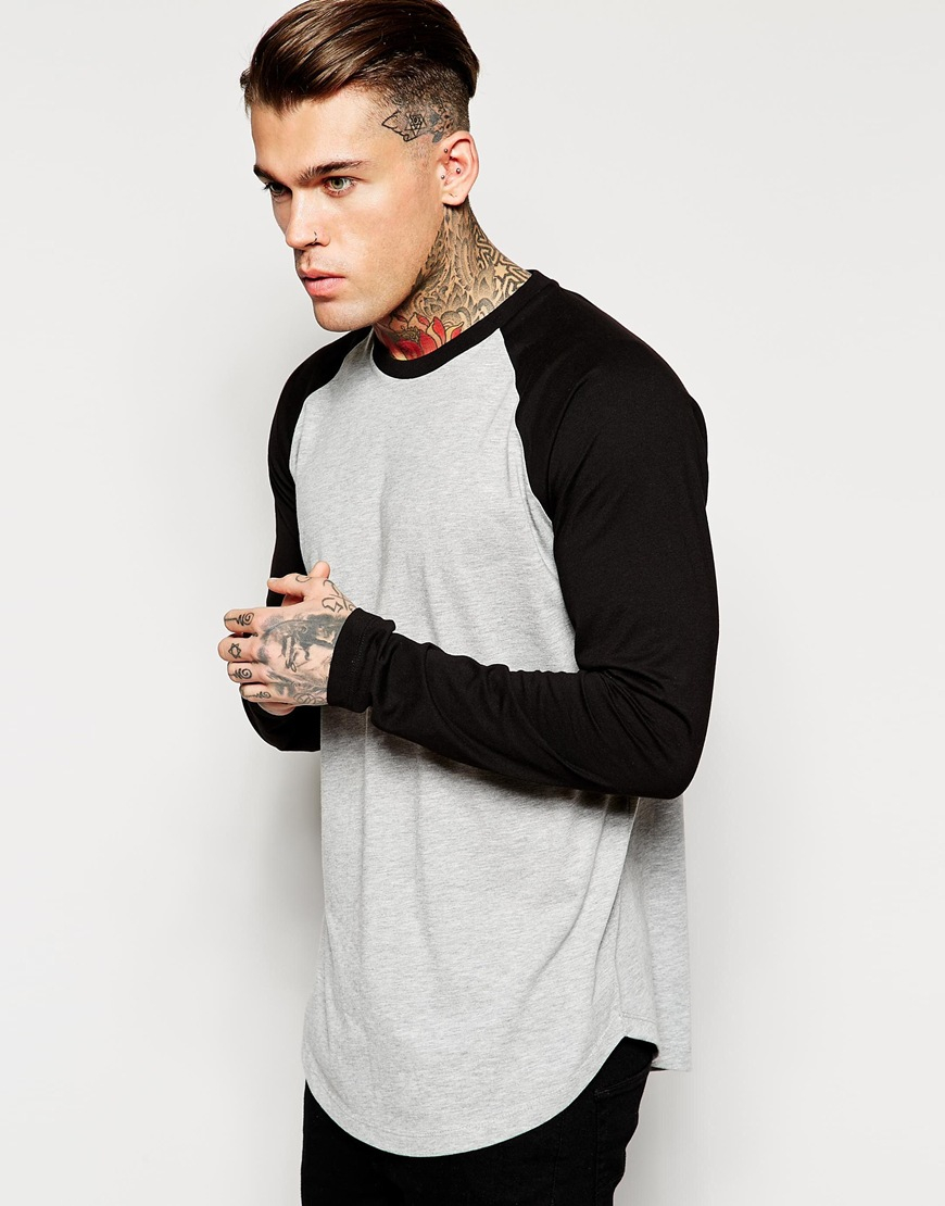 ASOS Longline Long Sleeve T-shirt With Contrast Raglan Sleeves & Curved ...