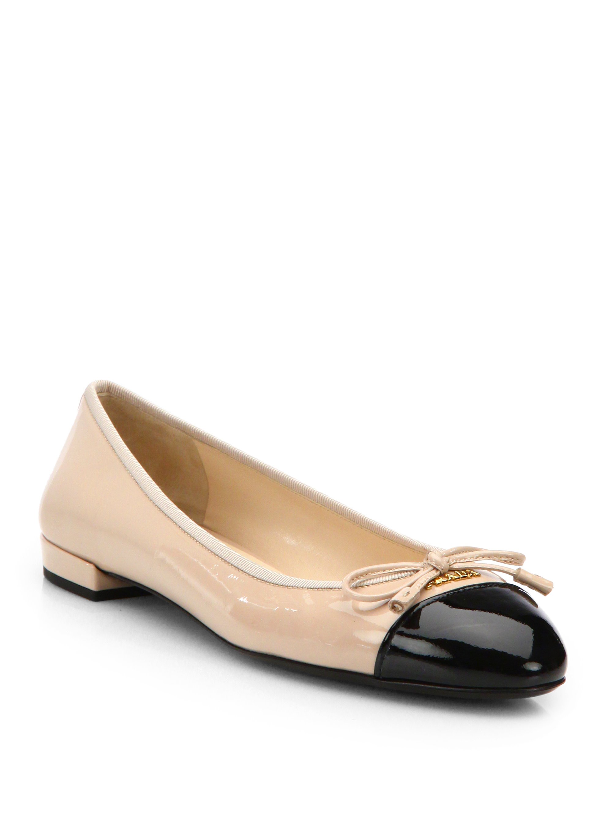 Prada Patent Leather Cap-Toe Ballet Flats in Black | Lyst