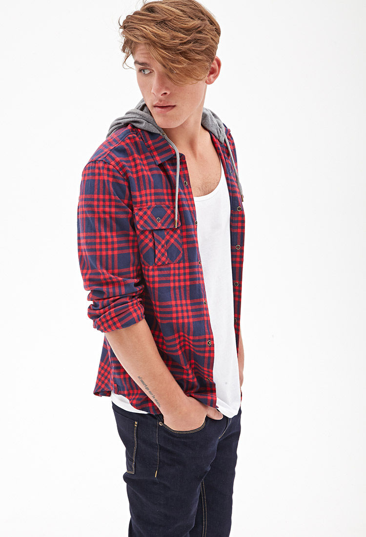 Forever 21 Flannel Hoodie  Jacket in Red for Men Lyst