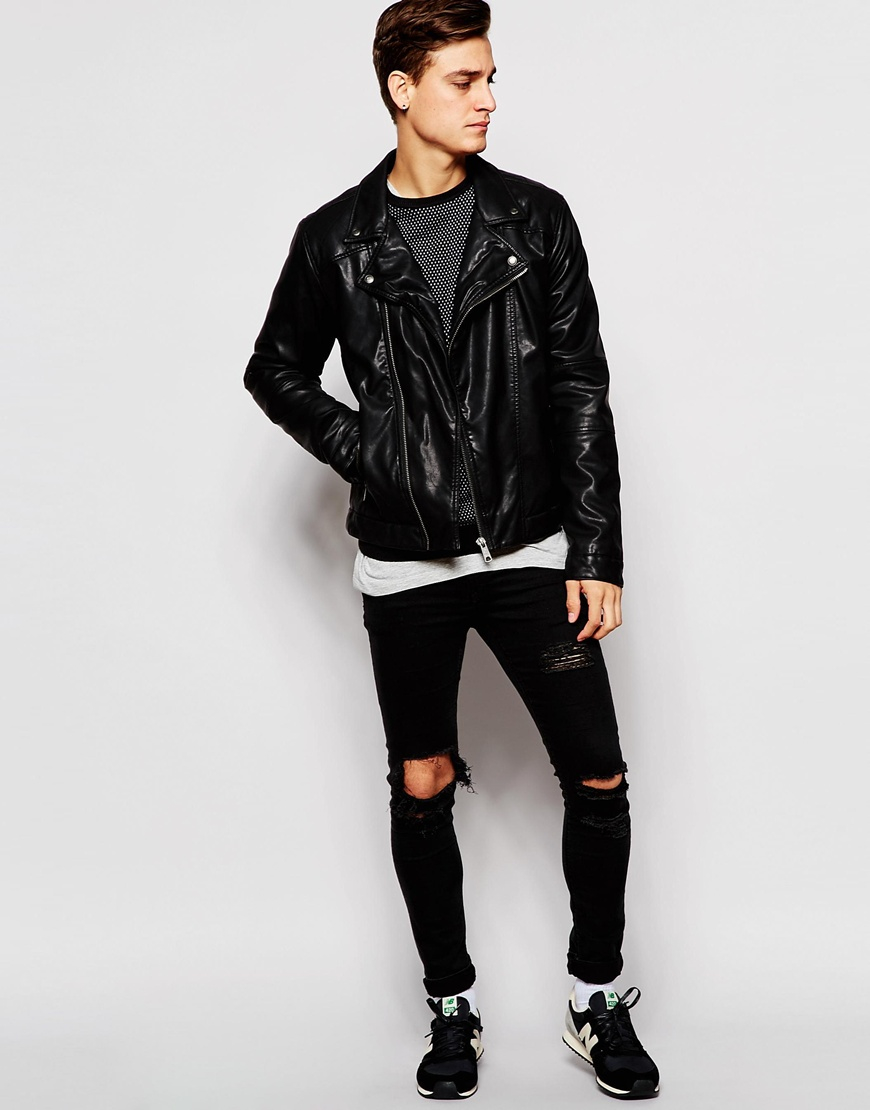 Esprit Faux Leather Biker Jacket in Black for Men | Lyst