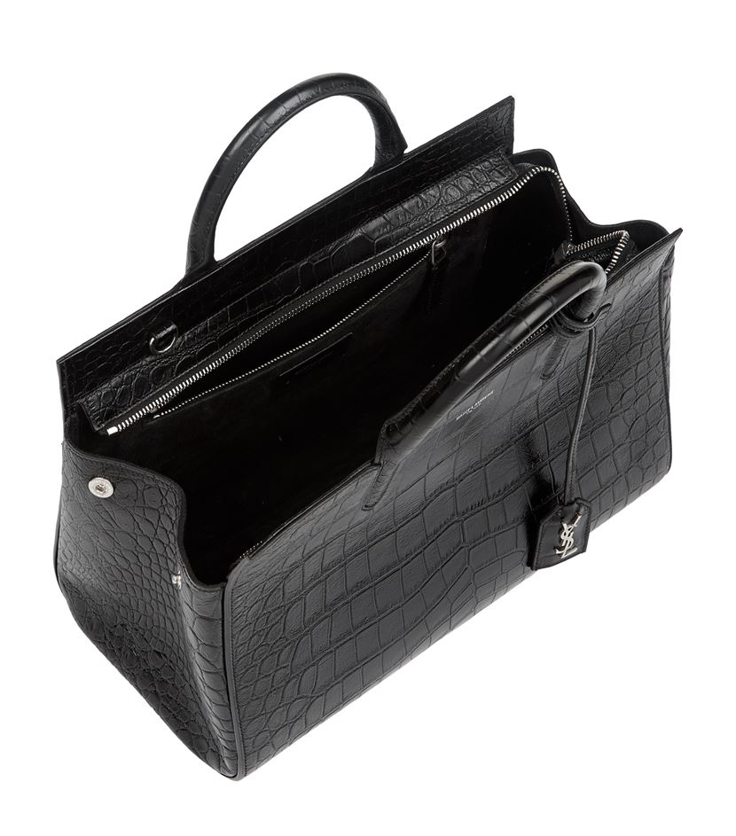 medium cabas rive gauche bag in black crocodile embossed leather