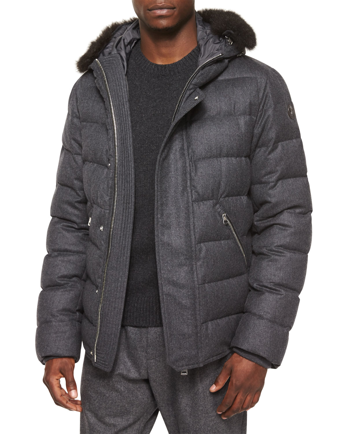 Moncler Bernier Fur-trim Wool Puffer Coat in Gray for Men (DARK GRAY ...