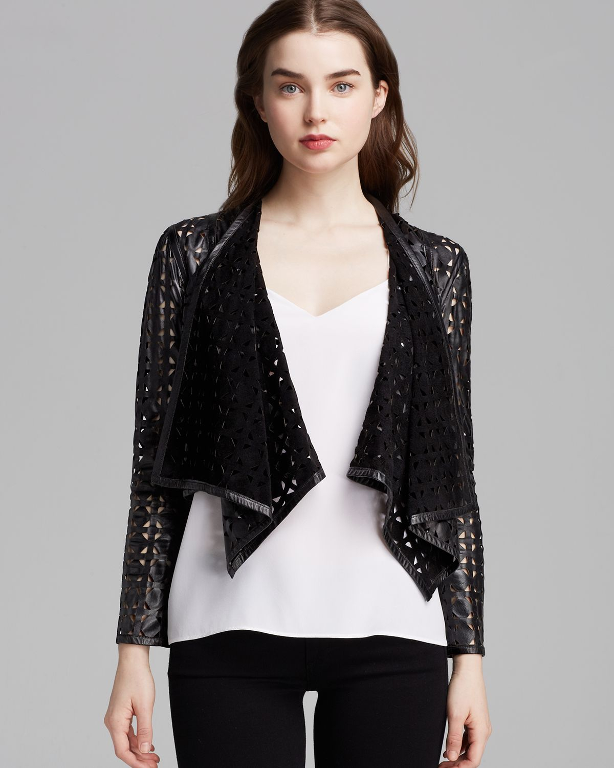 Milly Jacket Laser Cut Perforated Leather in Black | Lyst