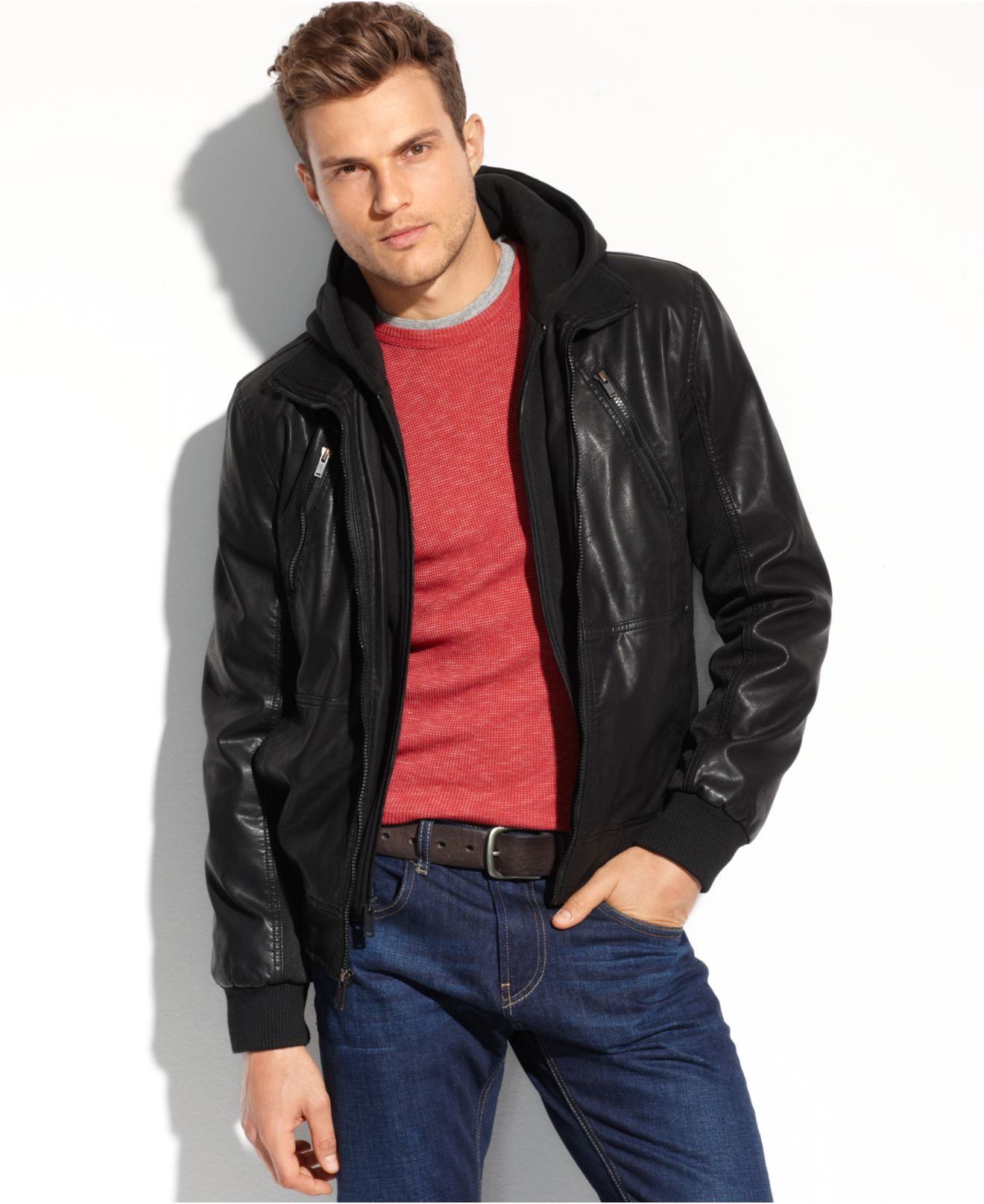 Guess Faux Leather Hooded Bomber In Black For Men Lyst