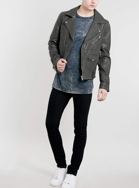 Topman Grey Leather Biker Jacket in Gray for Men (Grey) | Lyst