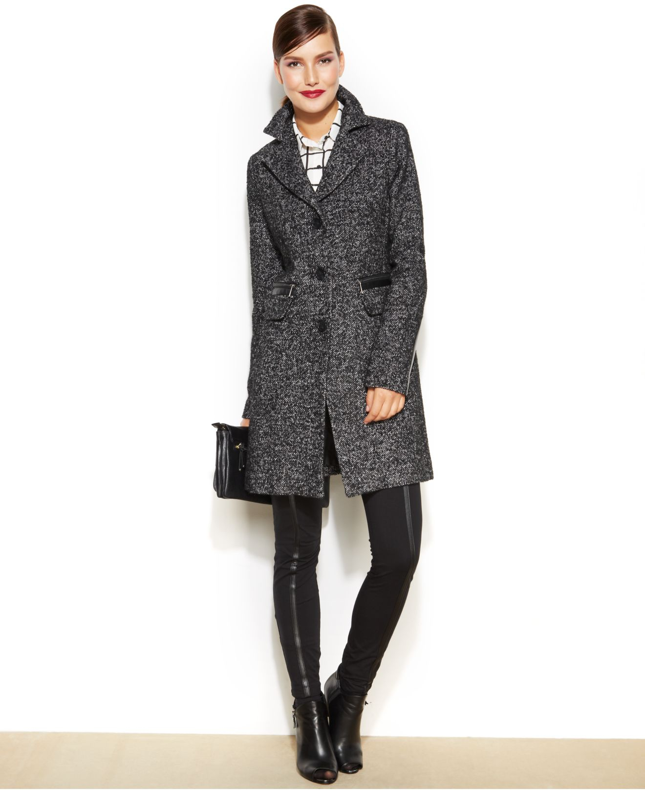 Lyst Dkny Faux Leather Trim Wool Blend Coat In Gray