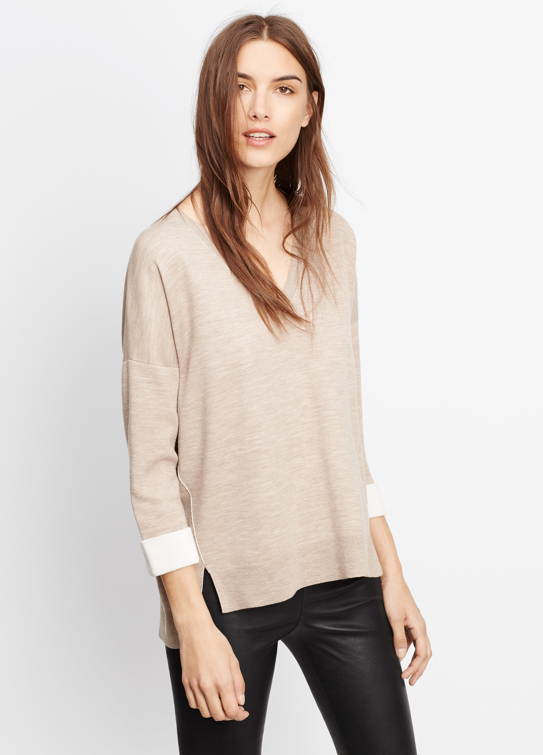Vince Double Faced V-neck Sweater in Khaki (Heather Khaki Off White) | Lyst