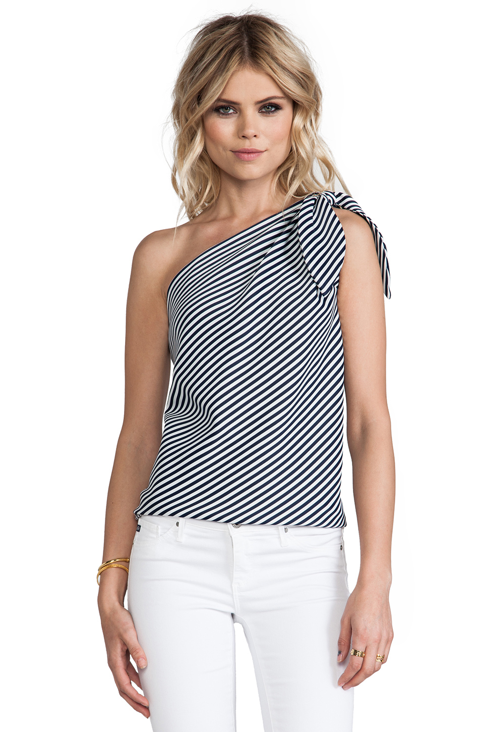 Lyst - Halston One Shoulder Top in Navy in White