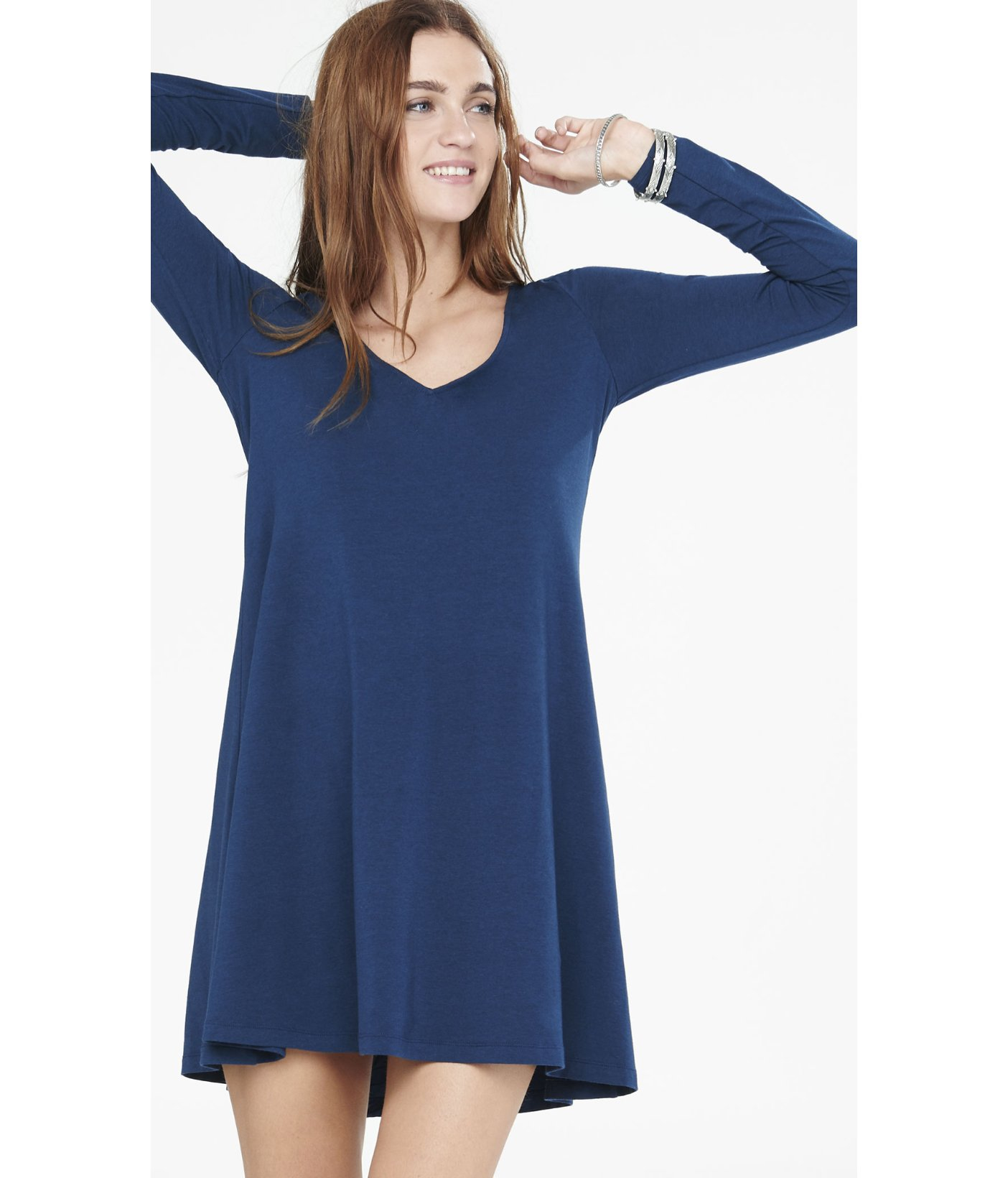 Lyst - Express Blue Long Sleeve V-neck Trapeze Dress in Blue